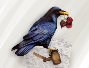 Crow with yellow beak, yellow legs, broken gavel, holding 3 cherries in beak, one rooten, standing on minutes